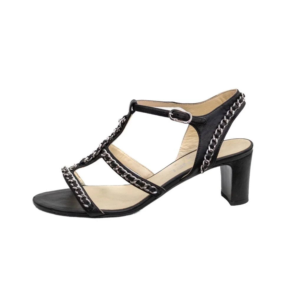 Chanel Black Leather Chain Strap Heeled Sandals US 8.5 Ankle Strap CC Logo‎